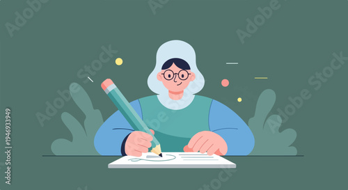 A stylized illustration of a person with glasses and a hood, writing with a large pencil on paper