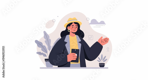 A woman in a hat and jacket holds a phone, with plants and abstract shapes behind her