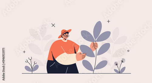 Person wearing hat and glasses, tending to large plants with a neutral background