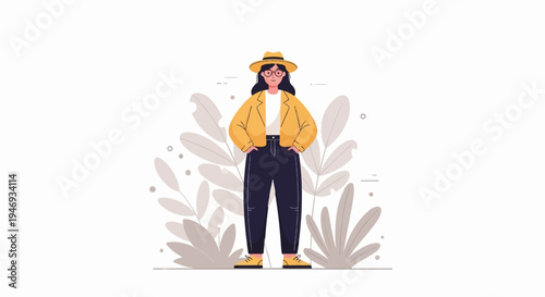Stylish person in yellow jacket, hat, glasses, and dark pants posing