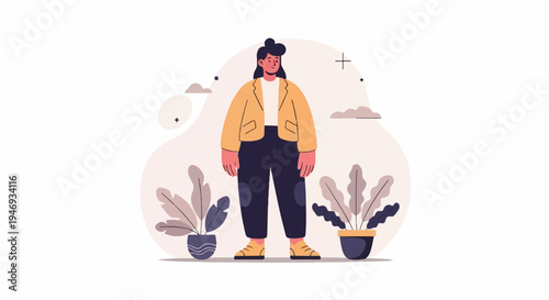 A person stands between two potted plants, with abstract shapes and clouds in the background