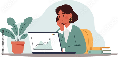 Woman at desk looking at laptop with growth chart, potted plant, and books