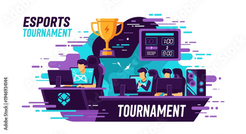 Esports Tournament Illustration Depicting Gamers Competing For The Championship Prize