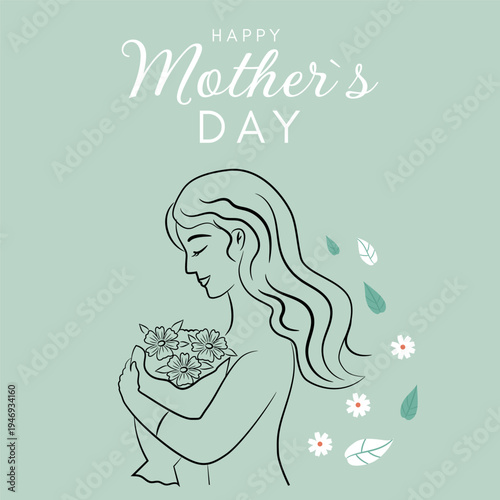 Mother’s Day Greeting Card with Mother and Child Line Art on pastel green background
