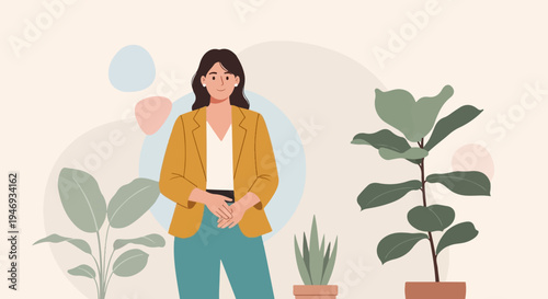 Woman in mustard jacket and teal pants standing amongst plants, pastel circles in background
