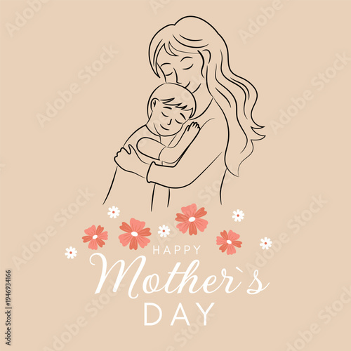 Mother’s Day Greeting Card with Mother and Child Line Art on pastel background