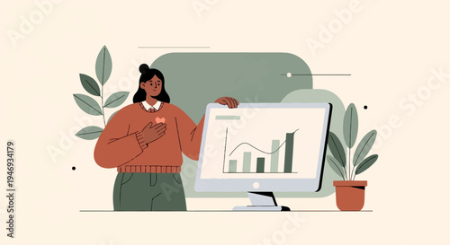 Woman proudly displays growth chart on computer, heart on her sweater