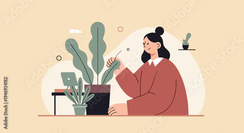 Person tending to plants and working on a laptop with a cozy, neutral background