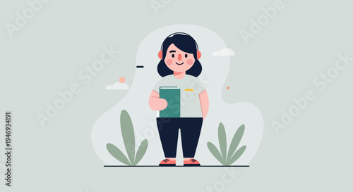 Cheerful cartoon person with dark hair holding a book, wearing headphones and a t-shirt