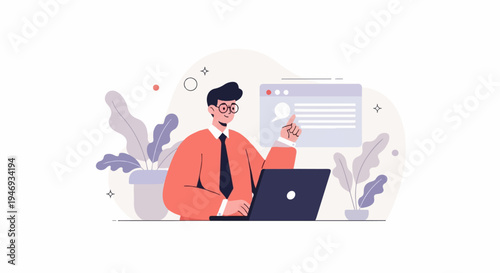 Smiling man in glasses points to laptop screen with plants