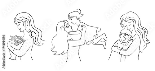 Mother’s Day Set with Mother and Child Line Art Illustrations on transparent Background