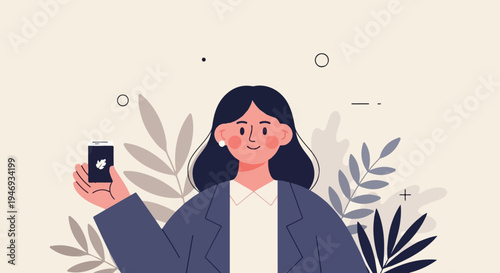 Woman in blue blazer holds a smartphone with leaf icon, surrounded by abstract foliage