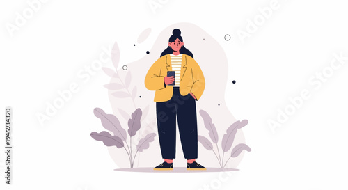 Flat illustration of a woman in a yellow blazer holding a phone, surrounded by plants