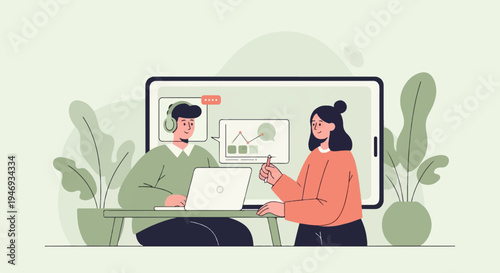 Colleagues collaborate virtually on a project, reviewing data