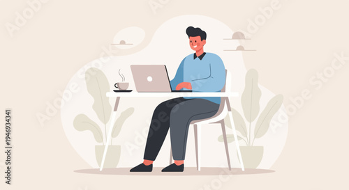 Modern man works on laptop at desk with plants and coffee