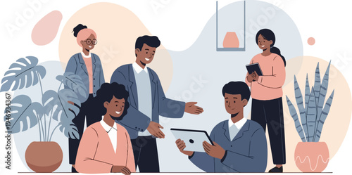 Diverse colleagues collaborate in a modern office, discussing ideas with tablets and plants present