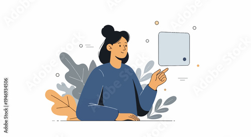 Woman pointing at a digital screen surrounded by stylized plants and abstract shapes
