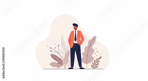 A man in a coral jacket and navy pants stands with hands in pockets amidst stylized leaves