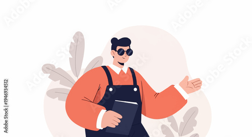 A cartoon character in overalls and sunglasses holds a book