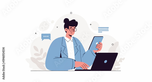 Person in blue blazer works on laptop and tablet with digital icons and plants