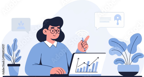 A person with glasses interacts with a laptop displaying a growth chart, plants in pots surround