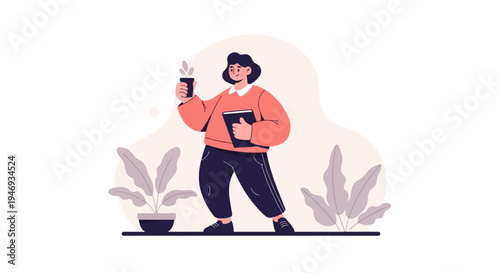 Person holding plant pot and book, with leafy plants on both sides