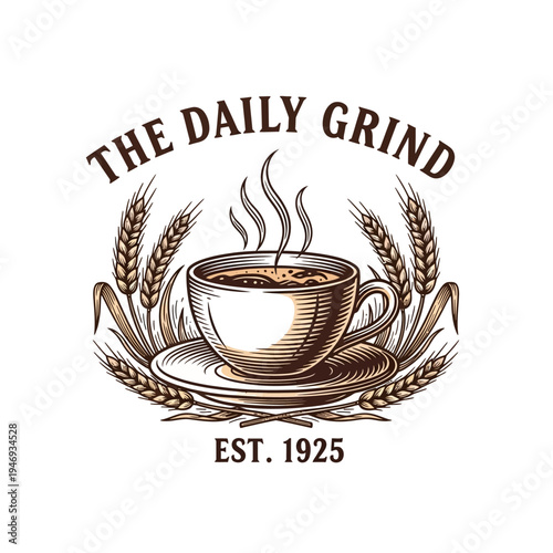 Vintage Daily Grind Coffee Cup with Wheat Ears Logo Design