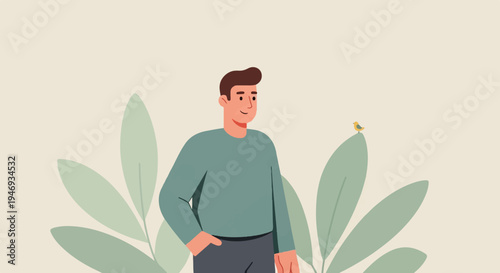 A man stands among leaves, a small bird perches on a leaf