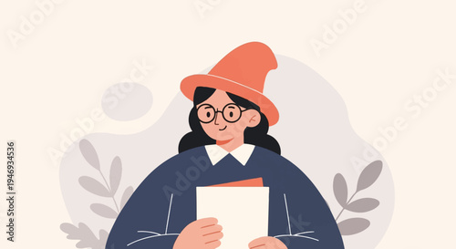 Cheerful person in hat holding books, with floral background