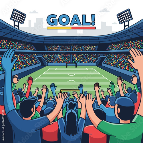 Excited Crowd Celebrates a Football Goal Inside a Large Stadium with Illumination