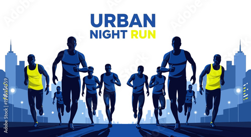 Evening City Marathon: Silhouette Runners Racing Through The Urban Landscape at Night