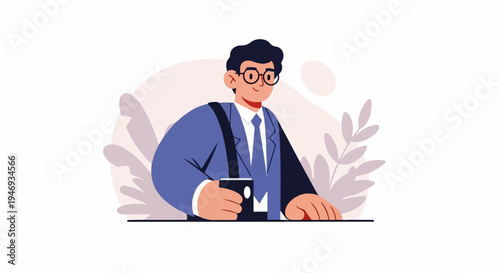 A formally dressed man in a blue suit, holding a cup, smiles behind a table