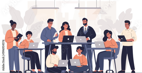 Diverse team collaborating on laptops and tablets in a modern office setting