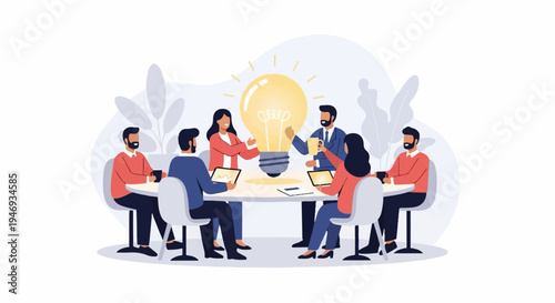A diverse team brainstorms around a table, inspired by a giant lightbulb