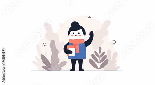 A cheerful, simplistic illustration of a character holding a book amidst abstract foliage