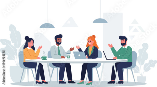 Diverse group collaborates around a modern office table, laptops open, drinks present