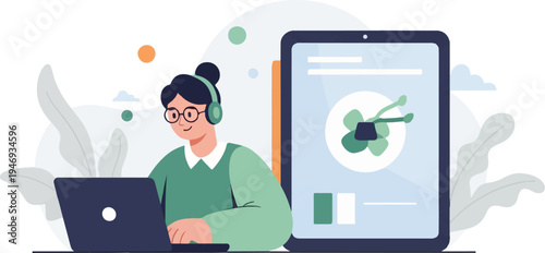 Person with headphones and glasses at a laptop next to a tablet displaying a graphic