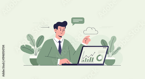 A person in a suit works at a laptop displaying charts, with plants and a cloud motif