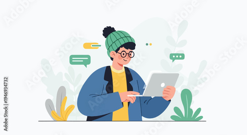 A person in a beanie and glasses uses a tablet with chat bubbles around