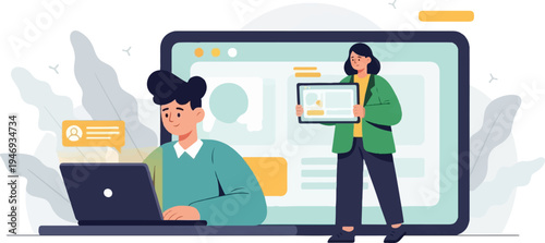 Two people interact with digital devices on a stylized background