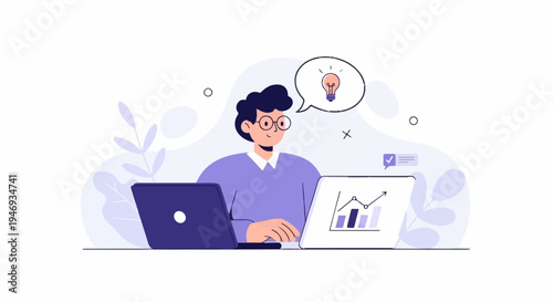 Young person with glasses working on laptops with charts and a lightbulb idea symbol