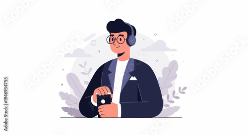 Cartoon man with headphones and glasses holding a smartphone with a white dot
