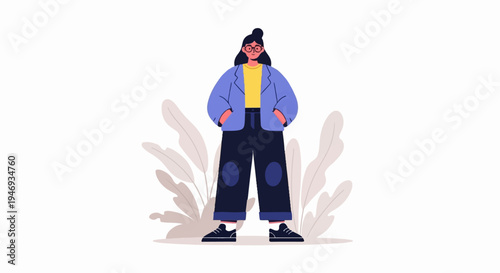 A person with glasses and dark hair stands between decorative plants