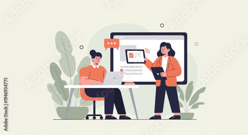 Two individuals interact with technology in a modern office or learning environment