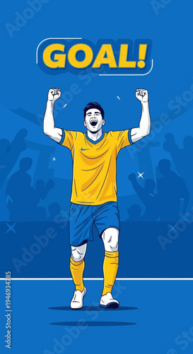 Excited Football Player Celebrating After Scoring A Goal With Upraised Arms and Joy