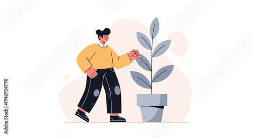 Person tending to a potted plant with abstract background shapes