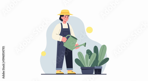 Person in overalls and hat waters potted plants in a stylized garden