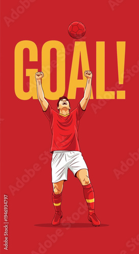 Excited Football Player Celebrating After Scoring a Goal in a Vibrant Illustrated Design