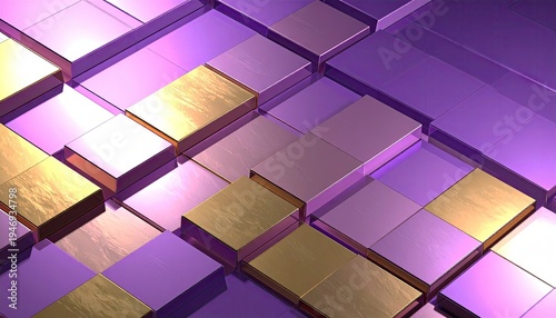 Close-up of layered metallic cubes in purple and gold, casting shadows