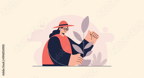Flat illustration of person tending to a plant with minimalist background